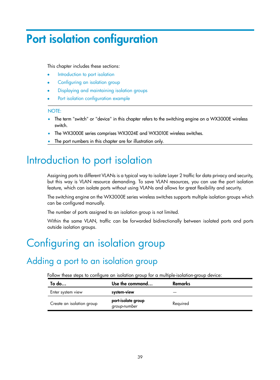 Port isolation configuration, Introduction to port isolation, Configuring an isolation group | Adding a port to an isolation group | H3C Technologies H3C WX3000E Series Wireless Switches User Manual | Page 48 / 156