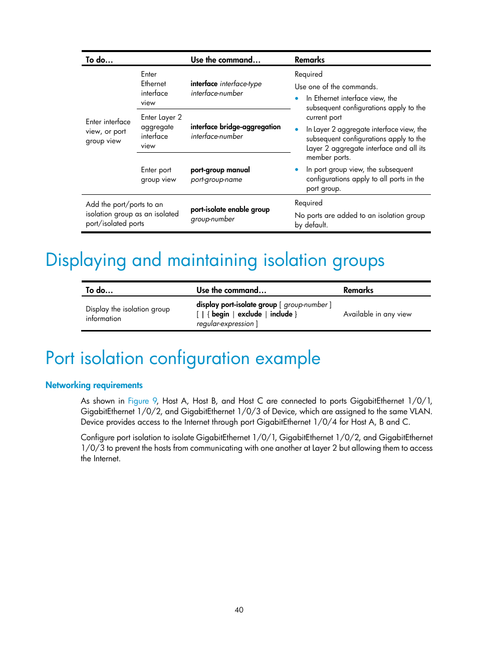 Displaying and maintaining isolation groups, Port isolation configuration example, Networking requirements | H3C Technologies H3C WX3000E Series Wireless Switches User Manual | Page 49 / 156