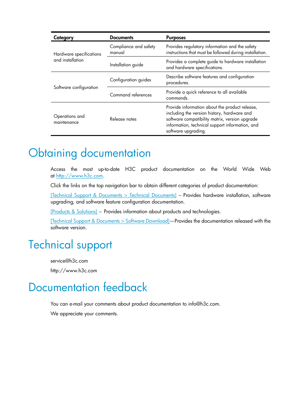Obtaining documentation, Technical support, Documentation feedback | H3C Technologies H3C WX3000E Series Wireless Switches User Manual | Page 5 / 156