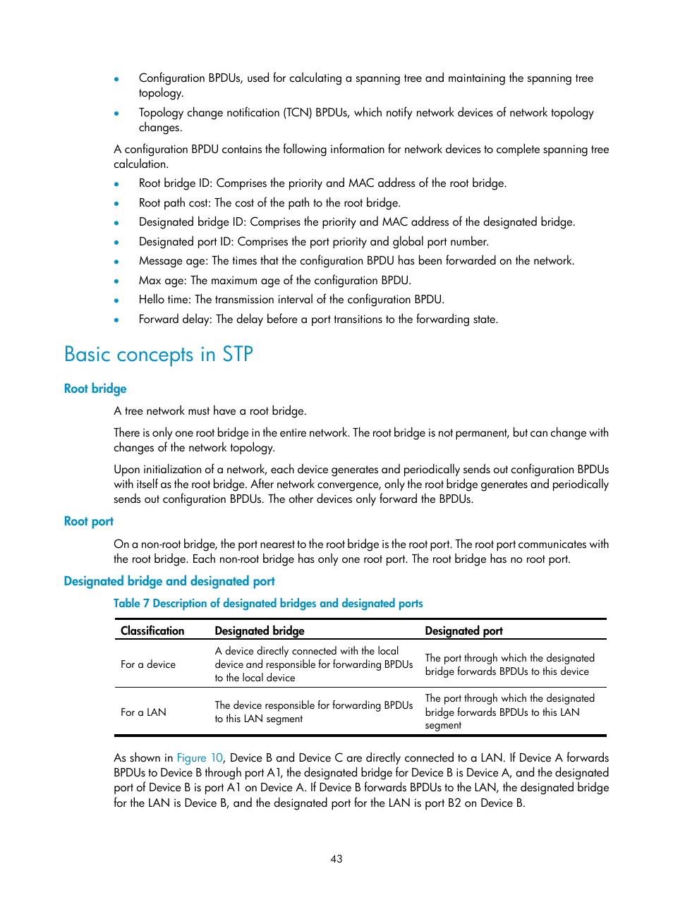 Basic concepts in stp, Root bridge, Root port | Designated bridge and designated port | H3C Technologies H3C WX3000E Series Wireless Switches User Manual | Page 52 / 156