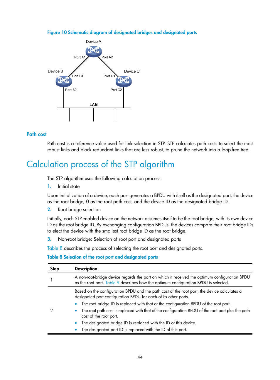 Path cost, Calculation process of the stp algorithm | H3C Technologies H3C WX3000E Series Wireless Switches User Manual | Page 53 / 156