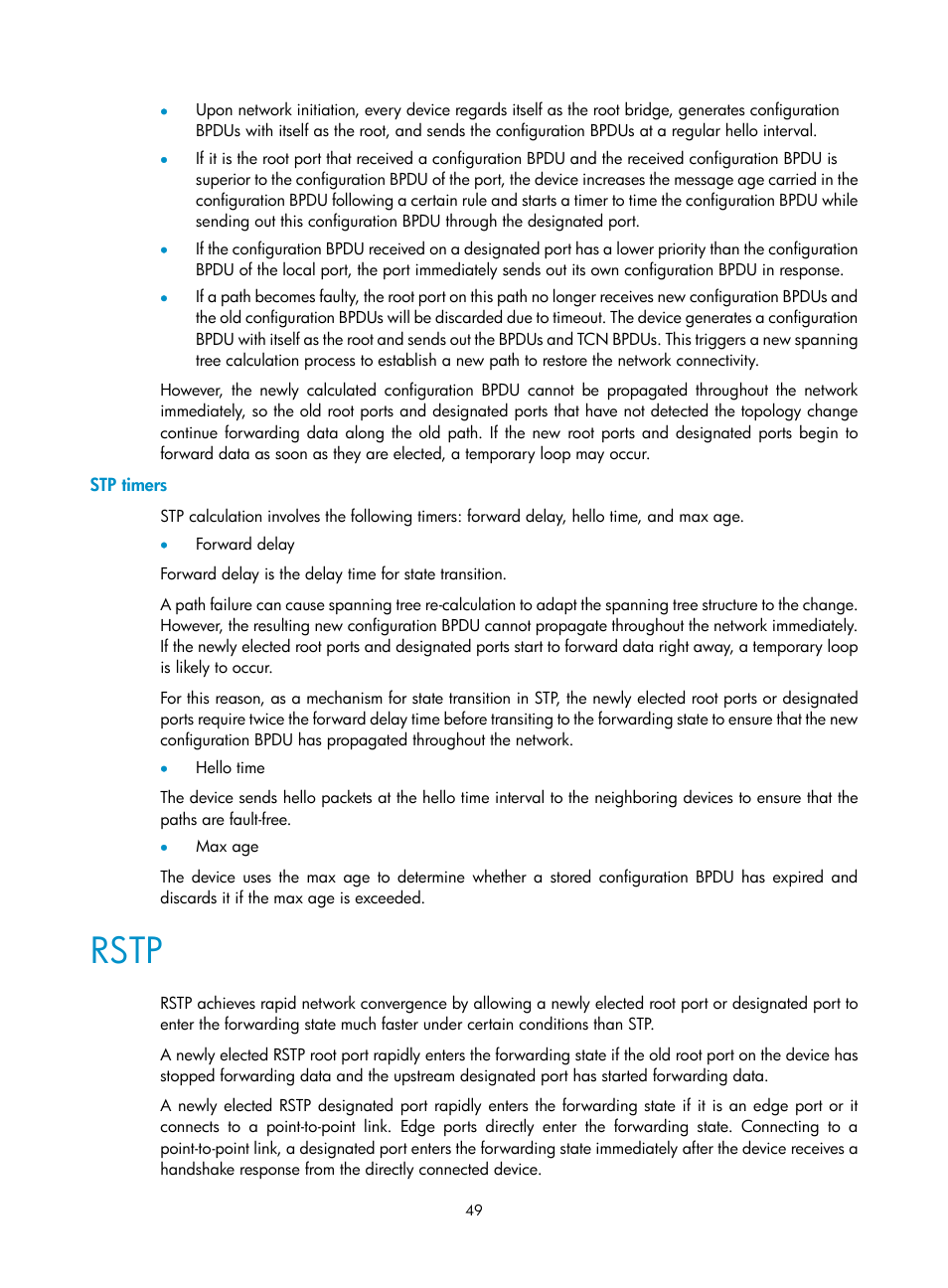 Stp timers, Rstp | H3C Technologies H3C WX3000E Series Wireless Switches User Manual | Page 58 / 156