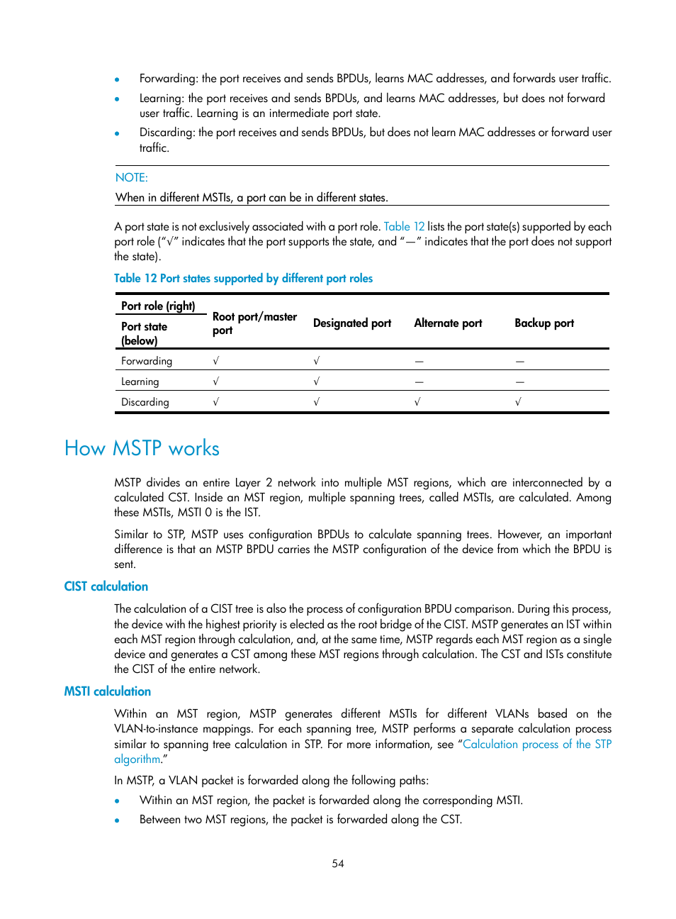 How mstp works, Cist calculation, Msti calculation | H3C Technologies H3C WX3000E Series Wireless Switches User Manual | Page 63 / 156