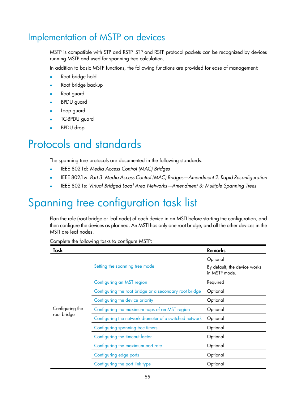 Implementation of mstp on devices, Protocols and standards, Spanning tree configuration task list | H3C Technologies H3C WX3000E Series Wireless Switches User Manual | Page 64 / 156