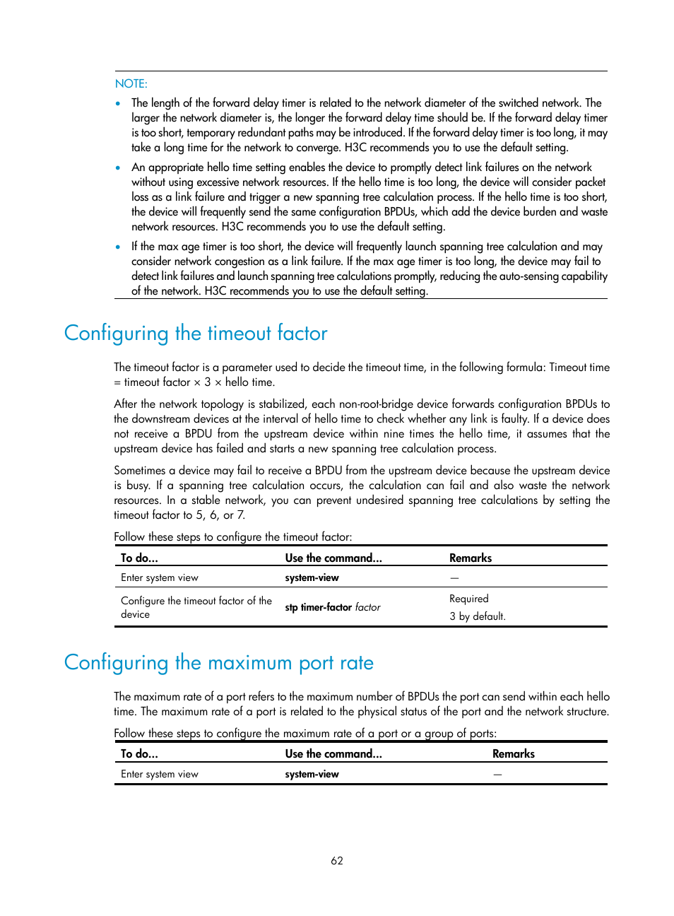 Configuring the timeout factor, Configuring the maximum port rate | H3C Technologies H3C WX3000E Series Wireless Switches User Manual | Page 71 / 156