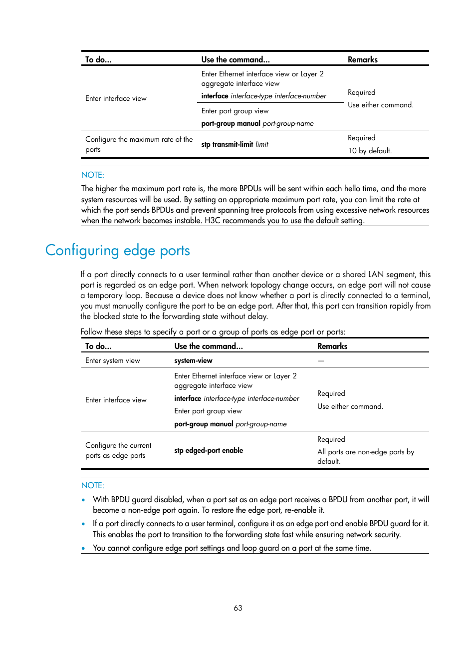 Configuring edge ports | H3C Technologies H3C WX3000E Series Wireless Switches User Manual | Page 72 / 156