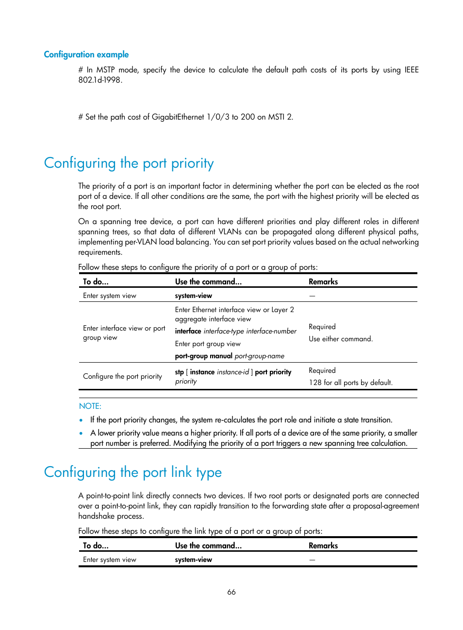 Configuration example, Configuring the port priority, Configuring the port link type | H3C Technologies H3C WX3000E Series Wireless Switches User Manual | Page 75 / 156
