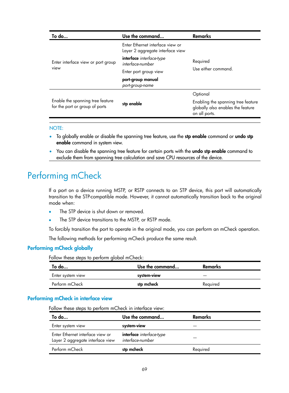 Performing mcheck, Performing mcheck globally, Performing mcheck in interface view | H3C Technologies H3C WX3000E Series Wireless Switches User Manual | Page 78 / 156