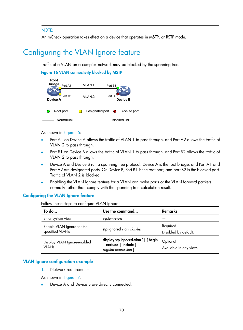 Configuring the vlan ignore feature, Vlan ignore configuration example | H3C Technologies H3C WX3000E Series Wireless Switches User Manual | Page 79 / 156