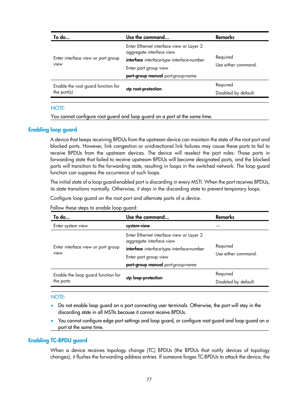 Enabling loop guard, Enabling tc-bpdu guard | H3C Technologies H3C WX3000E Series Wireless Switches User Manual | Page 86 / 156