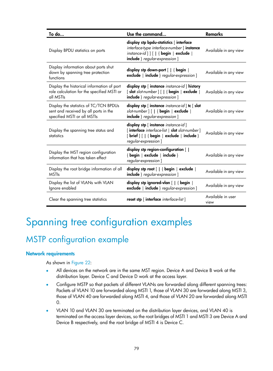 Spanning tree configuration examples, Mstp configuration example, Network requirements | H3C Technologies H3C WX3000E Series Wireless Switches User Manual | Page 88 / 156