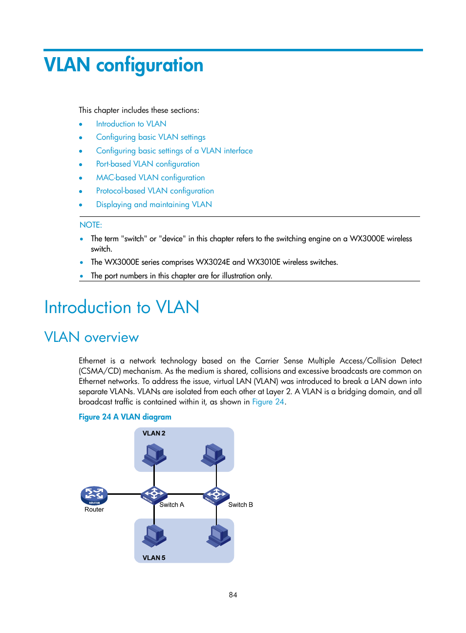 Vlan configuration, Introduction to vlan, Vlan overview | H3C Technologies H3C WX3000E Series Wireless Switches User Manual | Page 93 / 156