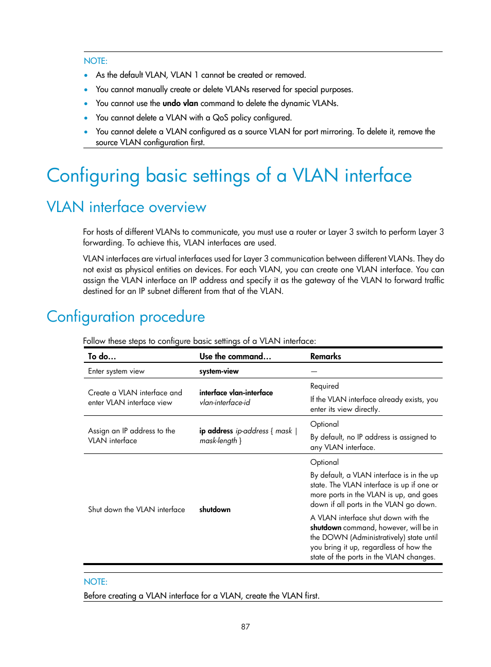 Configuring basic settings of a vlan interface, Vlan interface overview, Configuration procedure | H3C Technologies H3C WX3000E Series Wireless Switches User Manual | Page 96 / 156