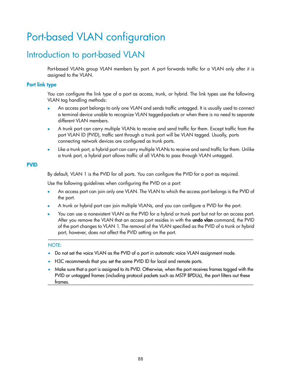 Port-based vlan configuration, Introduction to port-based vlan, Port link type | Pvid | H3C Technologies H3C WX3000E Series Wireless Switches User Manual | Page 97 / 156