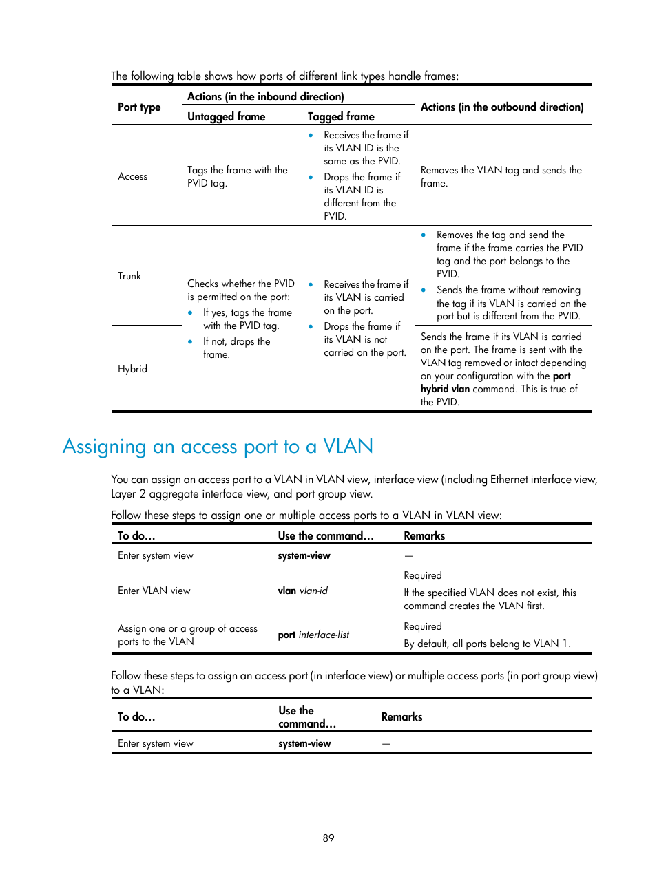 Assigning an access port to a vlan | H3C Technologies H3C WX3000E Series Wireless Switches User Manual | Page 98 / 156