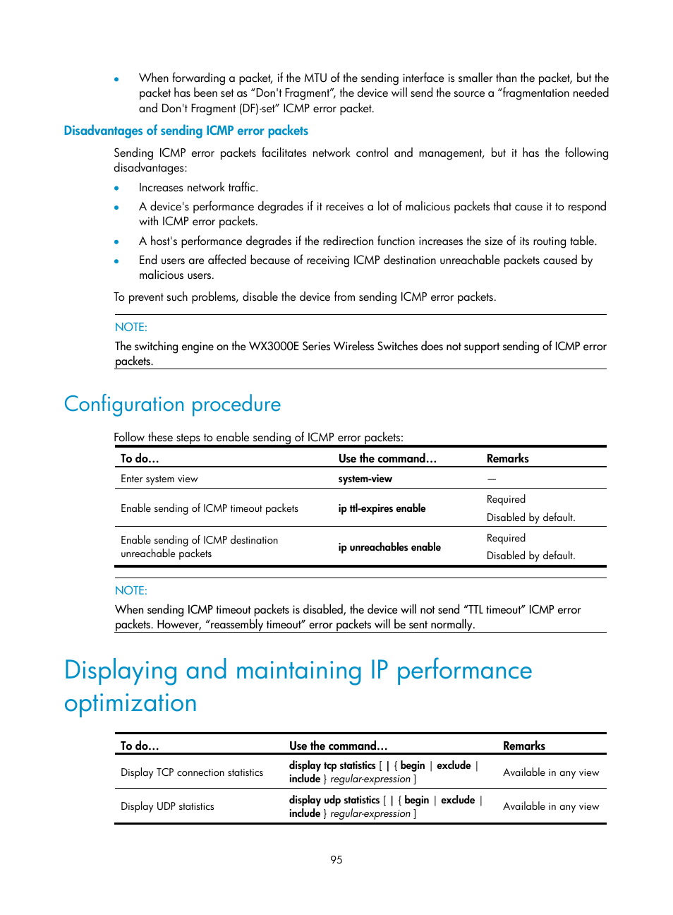 Disadvantages of sending icmp error packets, Configuration procedure | H3C Technologies H3C WX3000E Series Wireless Switches User Manual | Page 106 / 191