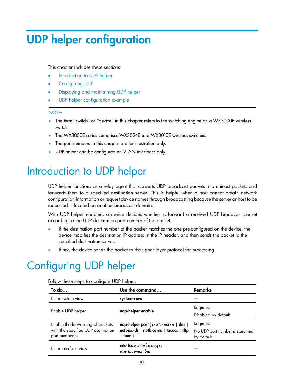 Udp helper configuration, Introduction to udp helper, Configuring udp helper | H3C Technologies H3C WX3000E Series Wireless Switches User Manual | Page 108 / 191