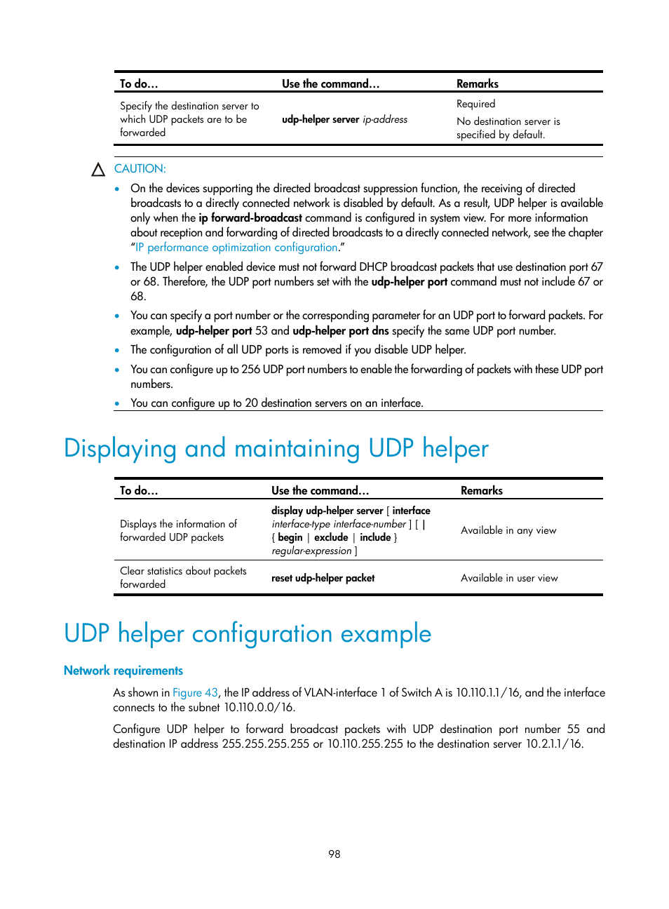 Displaying and maintaining udp helper, Udp helper configuration example, Network requirements | H3C Technologies H3C WX3000E Series Wireless Switches User Manual | Page 109 / 191