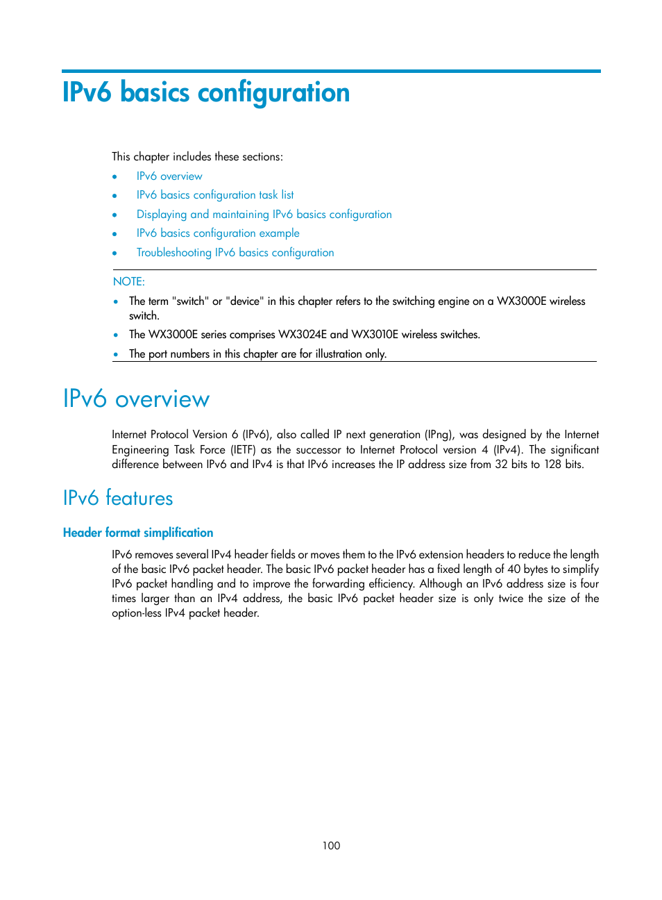 Ipv6 basics configuration, Ipv6 overview, Ipv6 features | Header format simplification | H3C Technologies H3C WX3000E Series Wireless Switches User Manual | Page 111 / 191