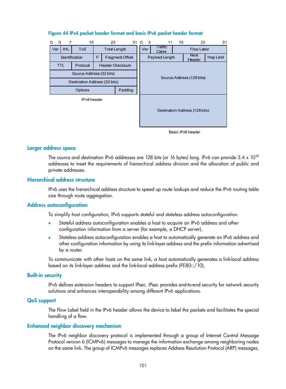 Larger address space, Hierarchical address structure, Address autoconfiguration | Built-in security, Qos support, Enhanced neighbor discovery mechanism | H3C Technologies H3C WX3000E Series Wireless Switches User Manual | Page 112 / 191
