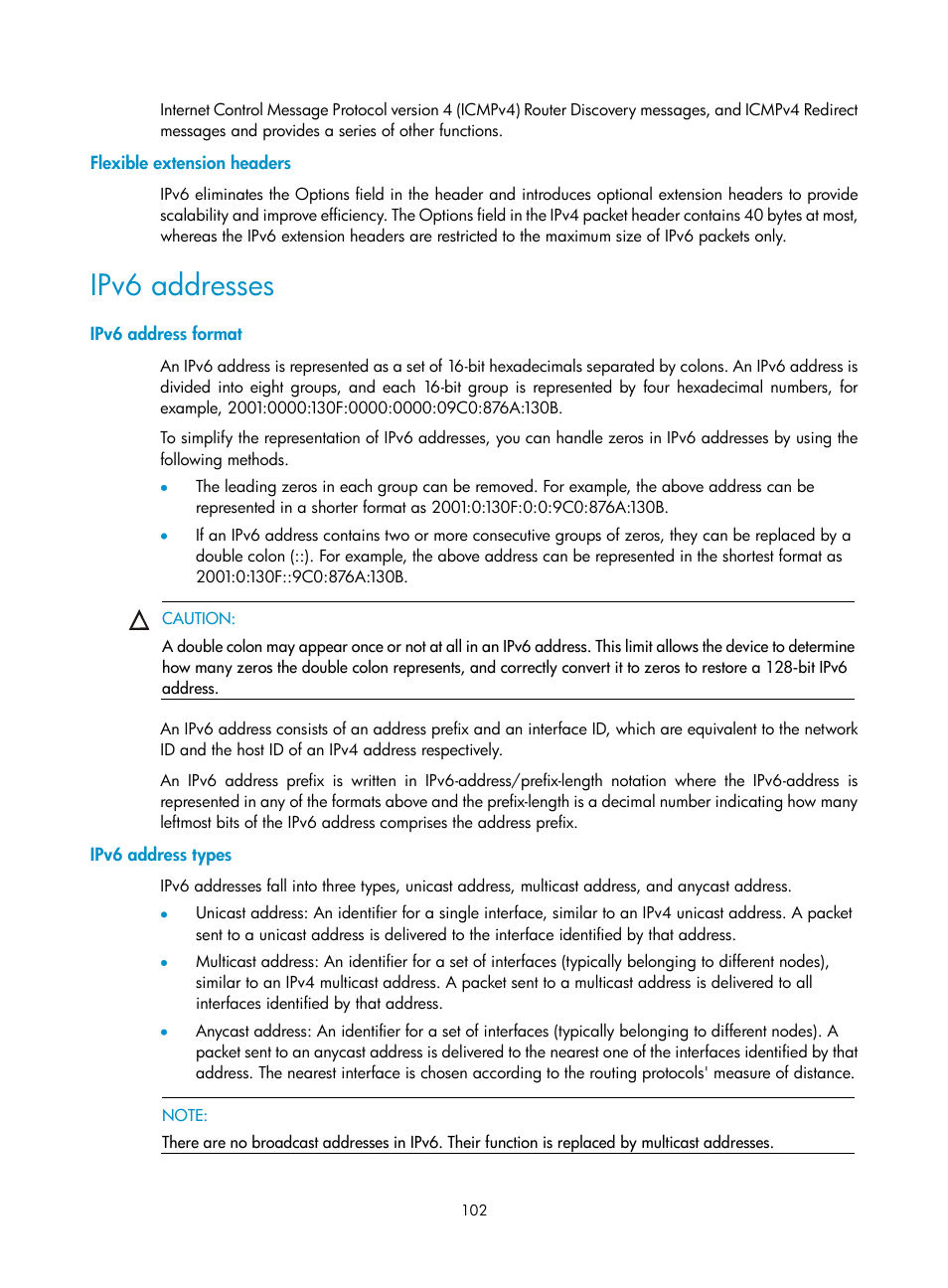 Flexible extension headers, Ipv6 addresses, Ipv6 address format | Ipv6 address types | H3C Technologies H3C WX3000E Series Wireless Switches User Manual | Page 113 / 191