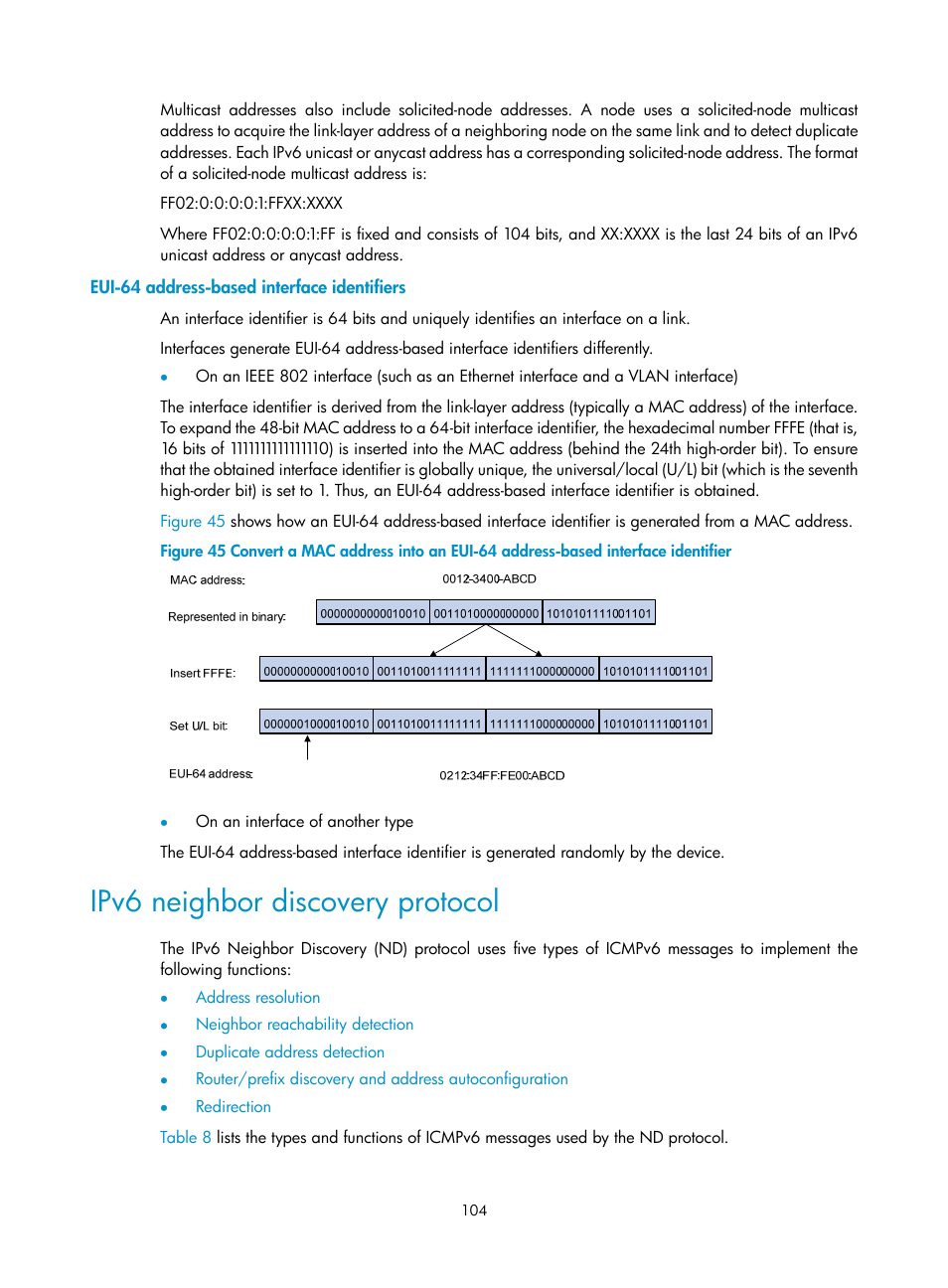 Eui-64 address-based interface identifiers, Ipv6 neighbor discovery protocol | H3C Technologies H3C WX3000E Series Wireless Switches User Manual | Page 115 / 191