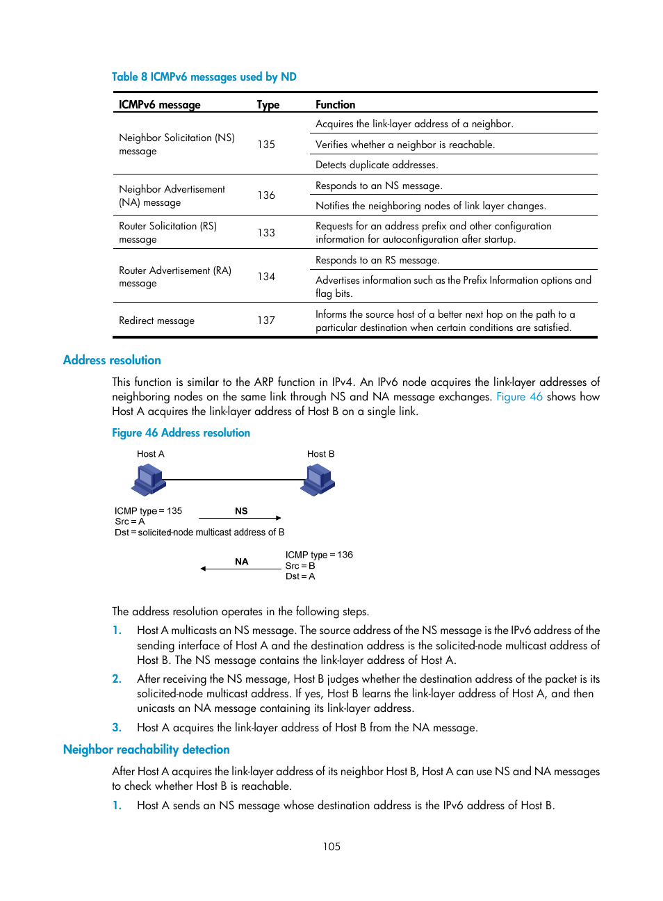 Address resolution, Neighbor reachability detection, Table 8 | H3C Technologies H3C WX3000E Series Wireless Switches User Manual | Page 116 / 191