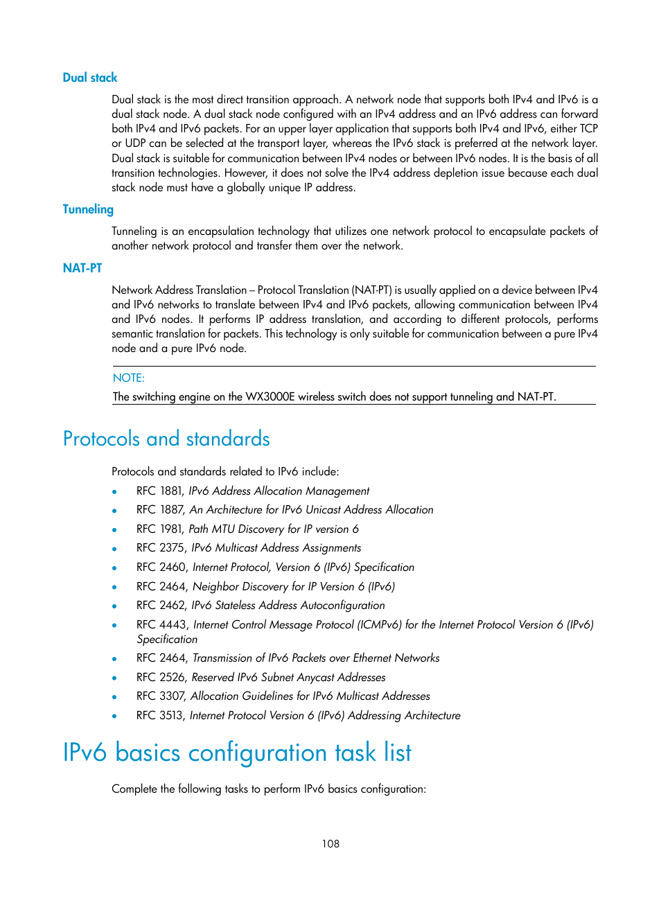 Dual stack, Tunneling, Nat-pt | Protocols and standards, Ipv6 basics configuration task list | H3C Technologies H3C WX3000E Series Wireless Switches User Manual | Page 119 / 191