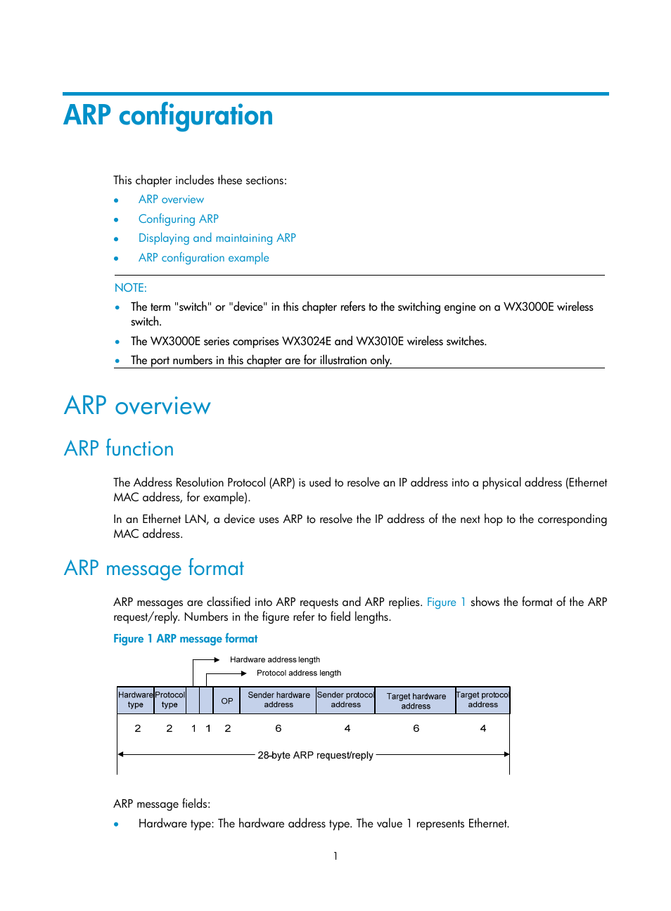 Arp configuration, Arp overview, Arp function | Arp message format | H3C Technologies H3C WX3000E Series Wireless Switches User Manual | Page 12 / 191