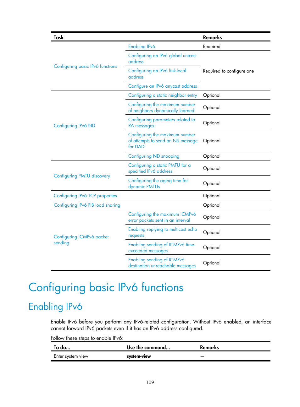 Configuring basic ipv6 functions, Enabling ipv6 | H3C Technologies H3C WX3000E Series Wireless Switches User Manual | Page 120 / 191