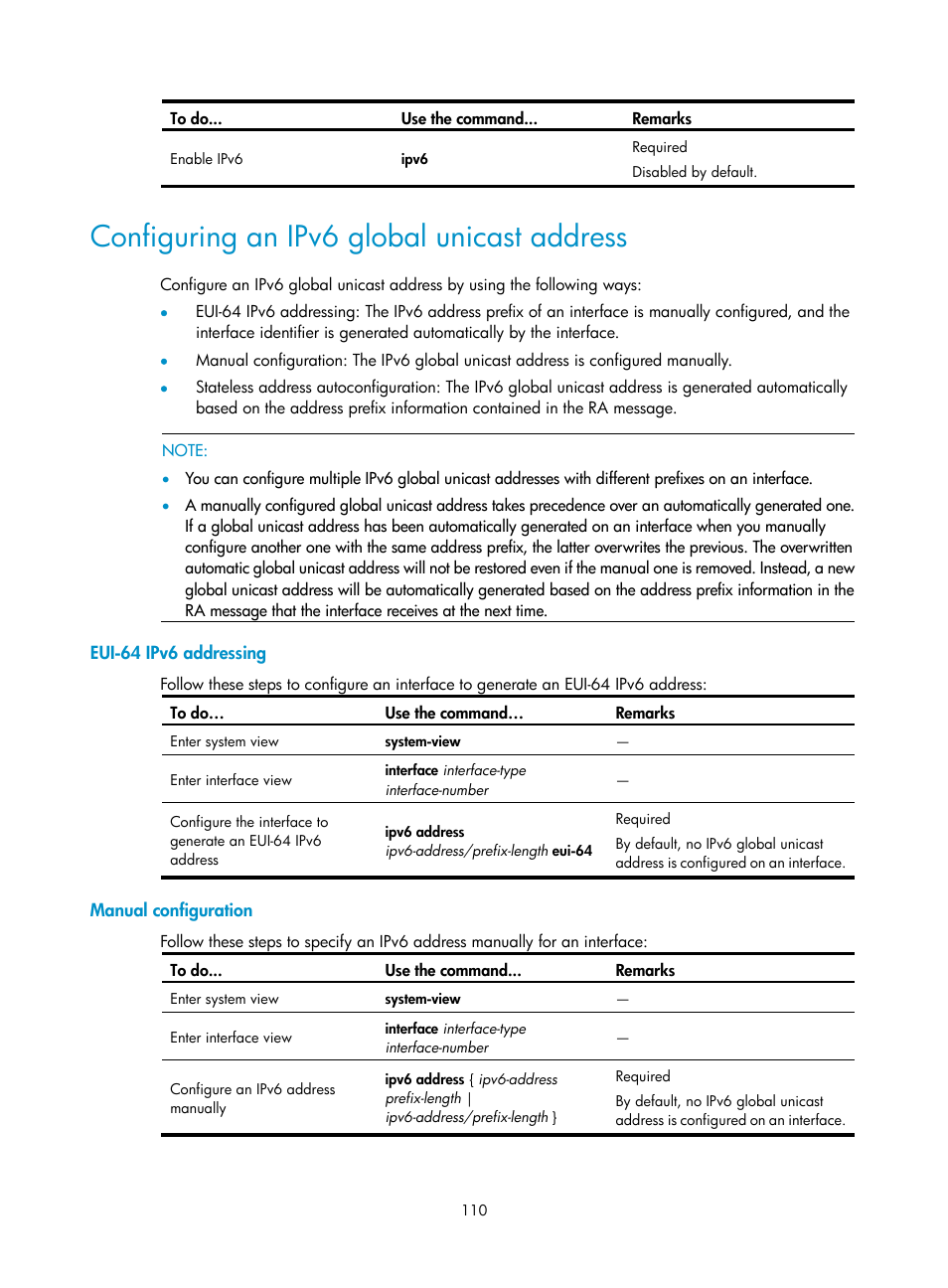 Configuring an ipv6 global unicast address, Eui-64 ipv6 addressing, Manual configuration | H3C Technologies H3C WX3000E Series Wireless Switches User Manual | Page 121 / 191