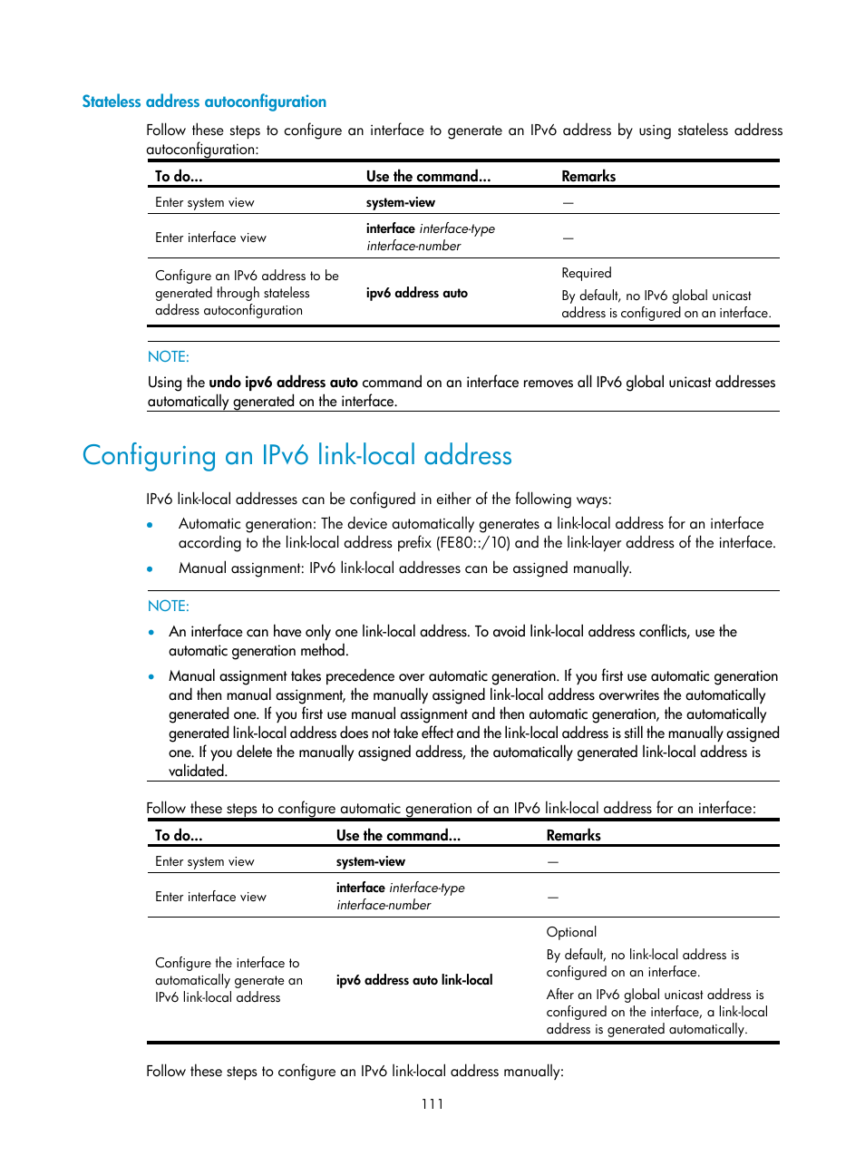 Stateless address autoconfiguration, Configuring an ipv6 link-local address | H3C Technologies H3C WX3000E Series Wireless Switches User Manual | Page 122 / 191