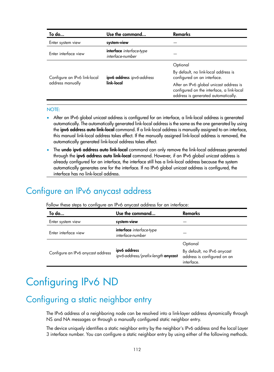 Configure an ipv6 anycast address, Configuring ipv6 nd, Configuring a static neighbor entry | H3C Technologies H3C WX3000E Series Wireless Switches User Manual | Page 123 / 191