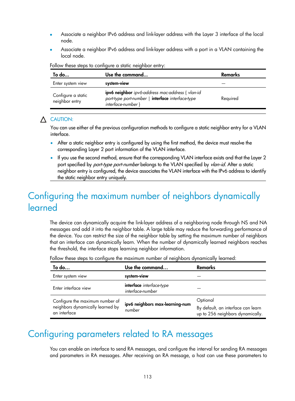 Configuring parameters related to ra messages | H3C Technologies H3C WX3000E Series Wireless Switches User Manual | Page 124 / 191