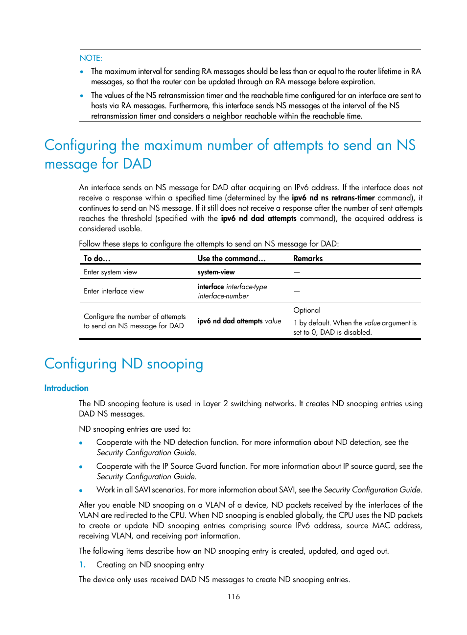 Configuring nd snooping, Introduction, For dad | H3C Technologies H3C WX3000E Series Wireless Switches User Manual | Page 127 / 191