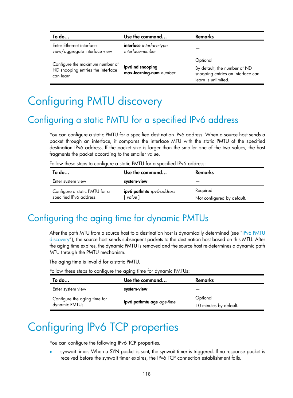 Configuring pmtu discovery, Configuring the aging time for dynamic pmtus, Configuring ipv6 tcp properties | H3C Technologies H3C WX3000E Series Wireless Switches User Manual | Page 129 / 191