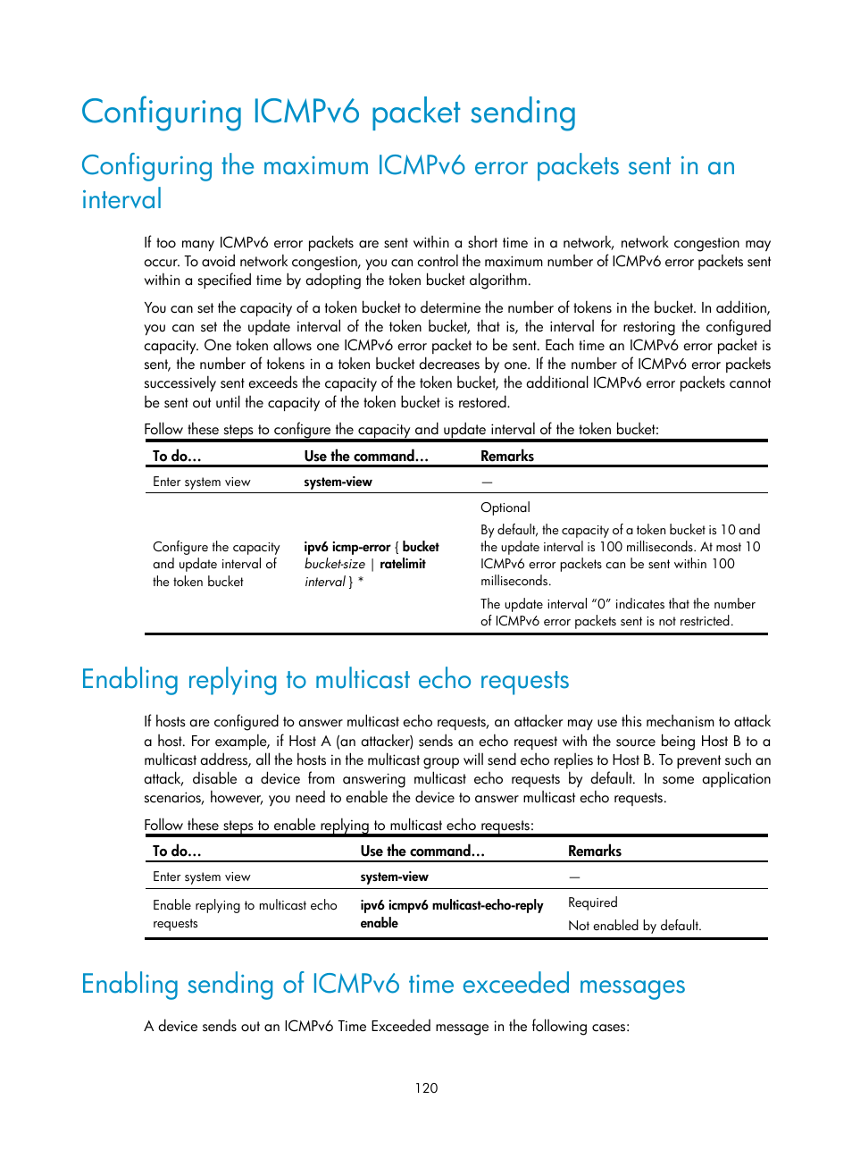 Configuring icmpv6 packet sending, Enabling replying to multicast echo requests, Enabling sending of icmpv6 time exceeded messages | H3C Technologies H3C WX3000E Series Wireless Switches User Manual | Page 131 / 191
