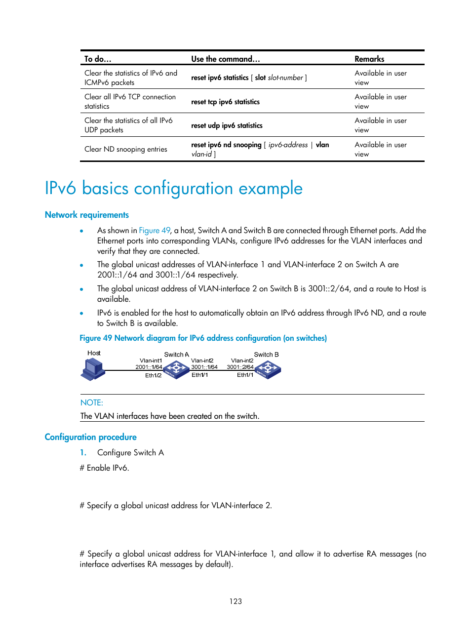 Ipv6 basics configuration example, Network requirements, Configuration procedure | H3C Technologies H3C WX3000E Series Wireless Switches User Manual | Page 134 / 191