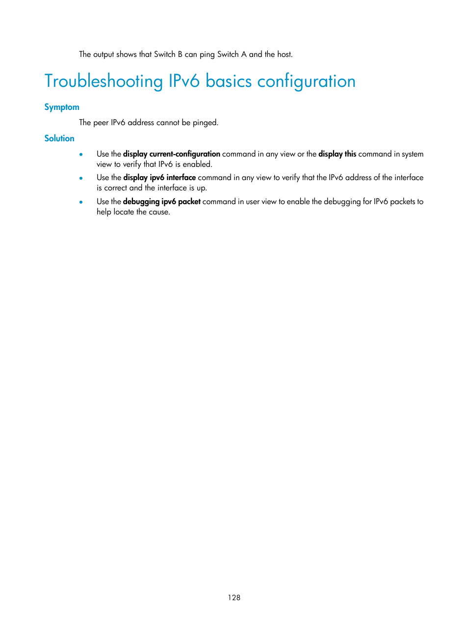 Troubleshooting ipv6 basics configuration, Symptom, Solution | H3C Technologies H3C WX3000E Series Wireless Switches User Manual | Page 139 / 191