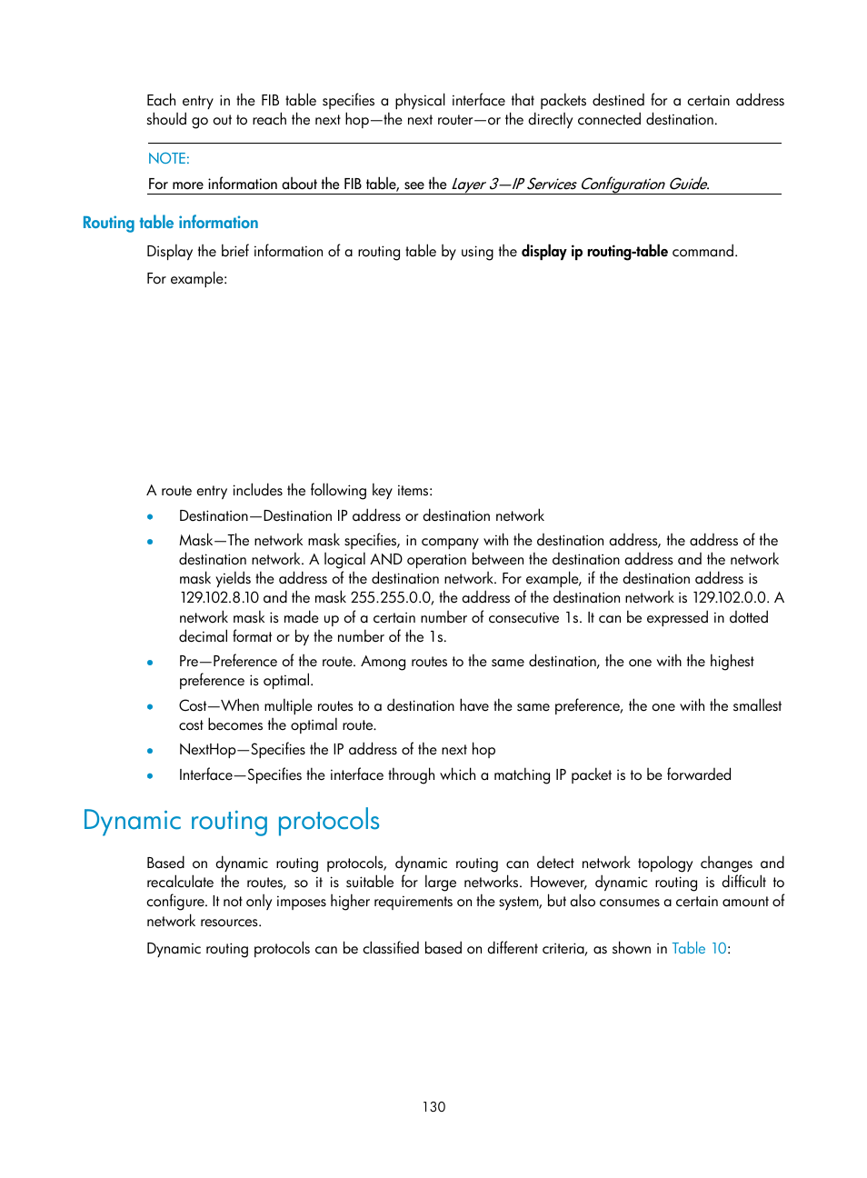 Routing table information, Dynamic routing protocols | H3C Technologies H3C WX3000E Series Wireless Switches User Manual | Page 141 / 191