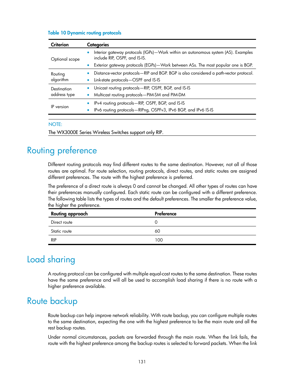 Routing preference, Load sharing, Route backup | H3C Technologies H3C WX3000E Series Wireless Switches User Manual | Page 142 / 191