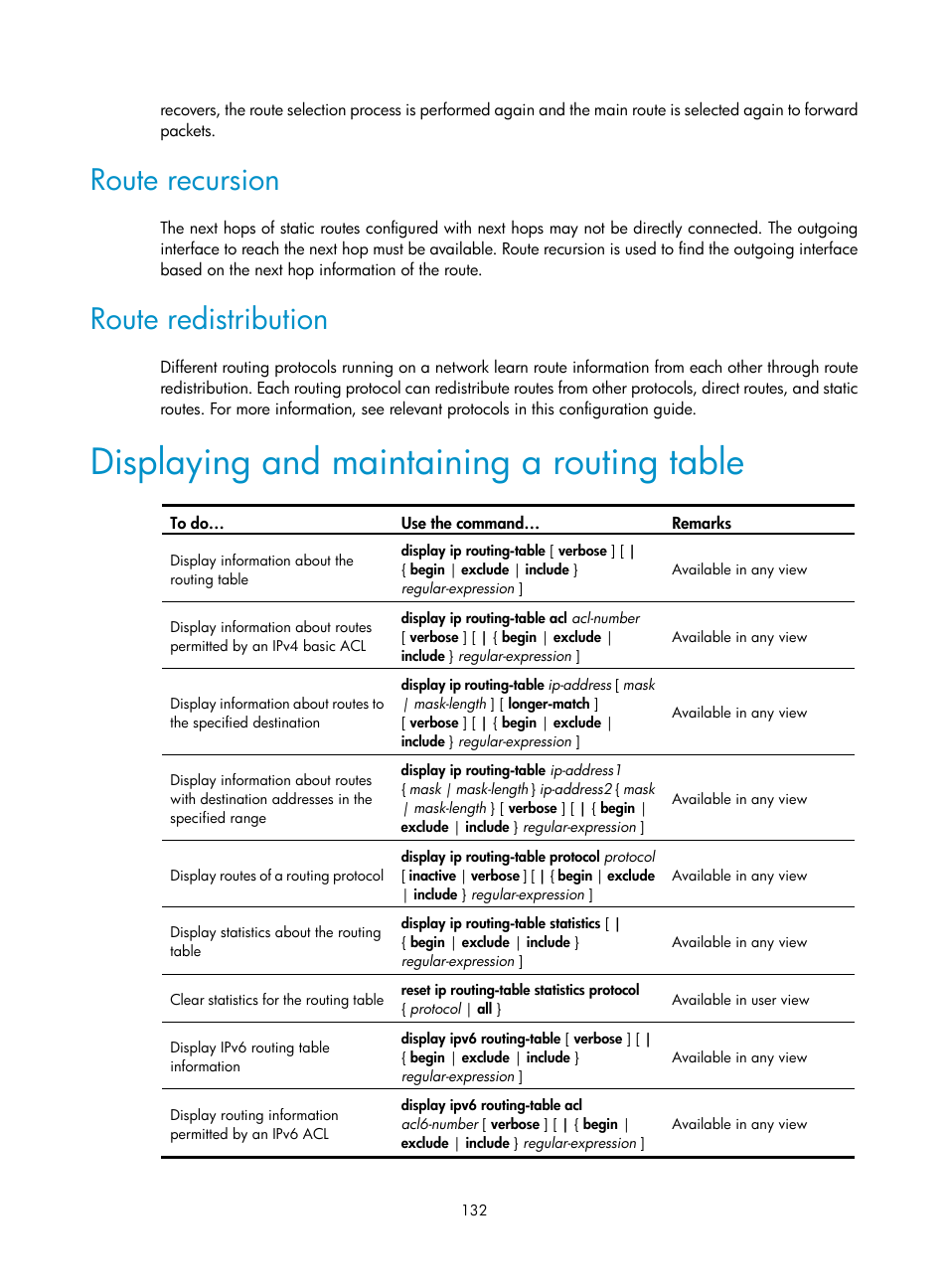 Route recursion, Route redistribution, Displaying and maintaining a routing table | H3C Technologies H3C WX3000E Series Wireless Switches User Manual | Page 143 / 191