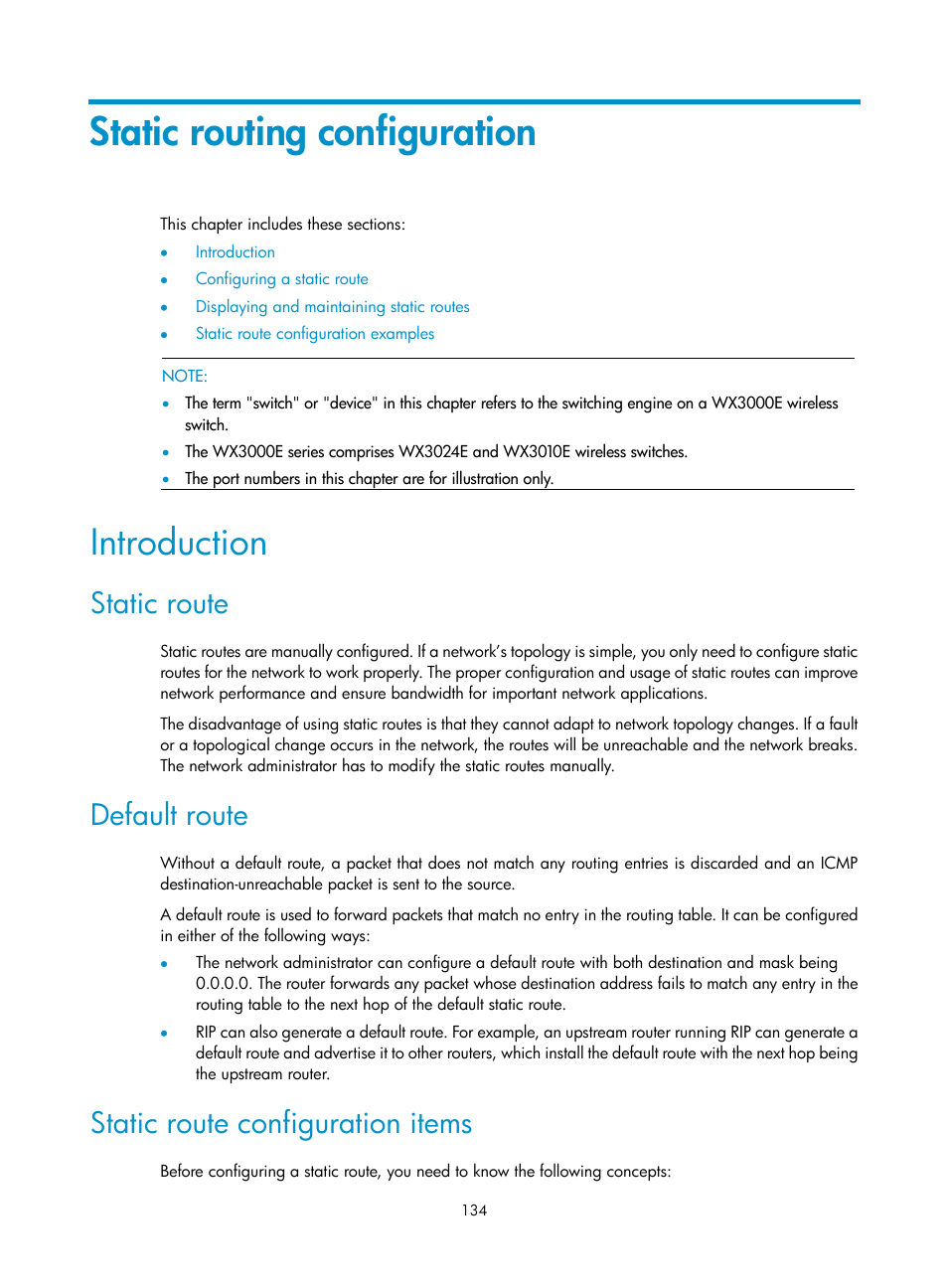 Static routing configuration, Introduction, Static route | Default route, Static route configuration items | H3C Technologies H3C WX3000E Series Wireless Switches User Manual | Page 145 / 191