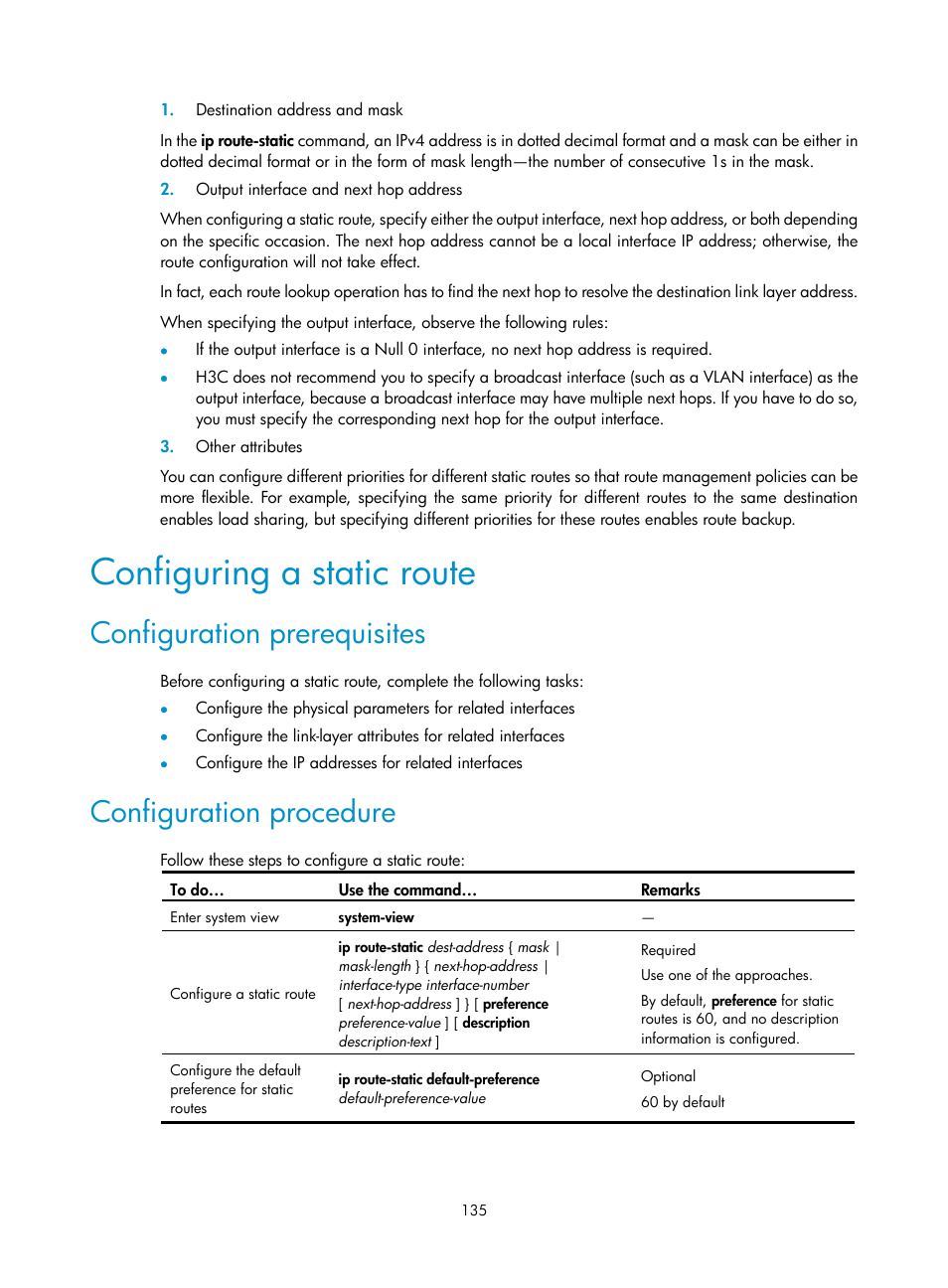 Configuring a static route, Configuration prerequisites, Configuration procedure | H3C Technologies H3C WX3000E Series Wireless Switches User Manual | Page 146 / 191