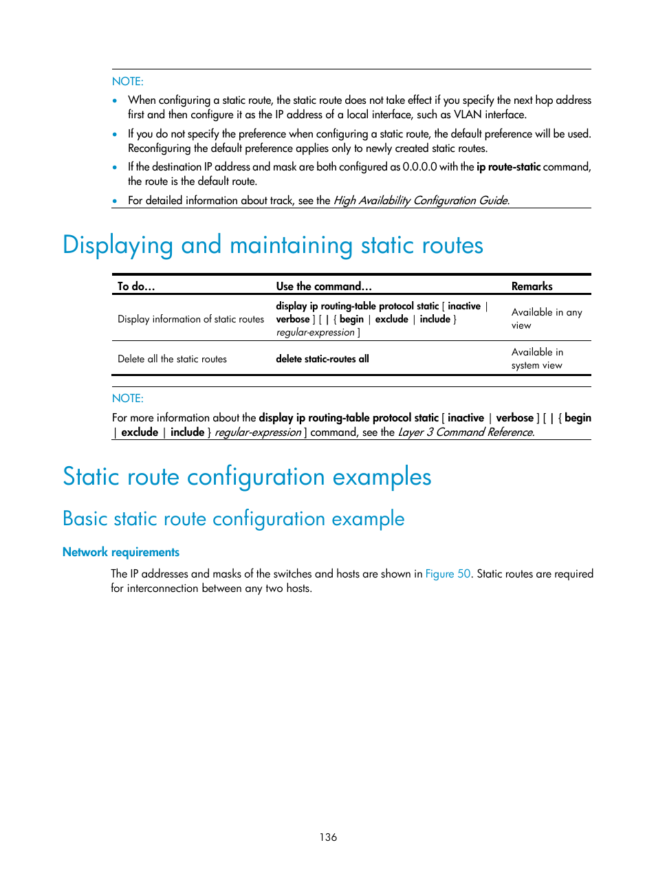 Displaying and maintaining static routes, Static route configuration examples, Basic static route configuration example | Network requirements | H3C Technologies H3C WX3000E Series Wireless Switches User Manual | Page 147 / 191