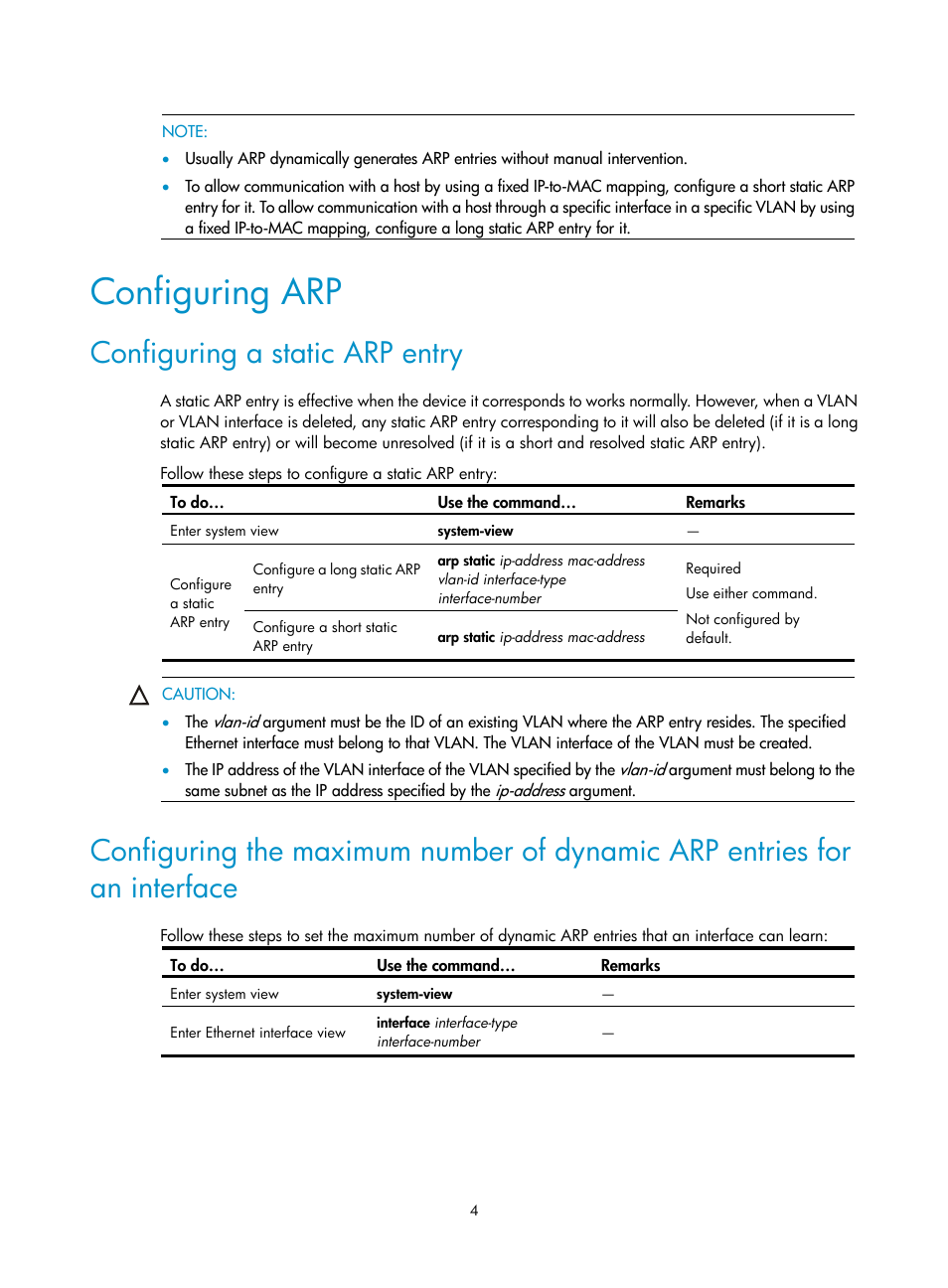 Configuring arp, Configuring a static arp entry | H3C Technologies H3C WX3000E Series Wireless Switches User Manual | Page 15 / 191