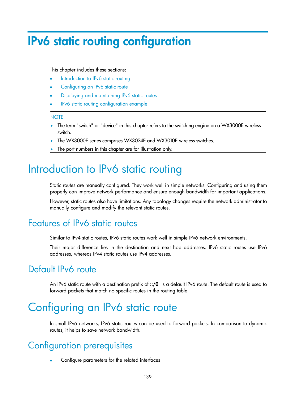 Ipv6 static routing configuration, Introduction to ipv6 static routing, Features of ipv6 static routes | Default ipv6 route, Configuring an ipv6 static route, Configuration prerequisites | H3C Technologies H3C WX3000E Series Wireless Switches User Manual | Page 150 / 191