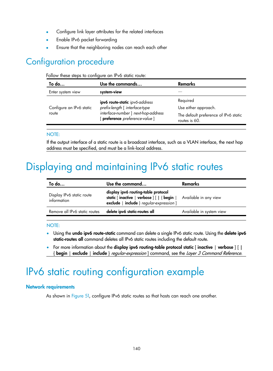 Configuration procedure, Displaying and maintaining ipv6 static routes, Ipv6 static routing configuration example | Network requirements | H3C Technologies H3C WX3000E Series Wireless Switches User Manual | Page 151 / 191