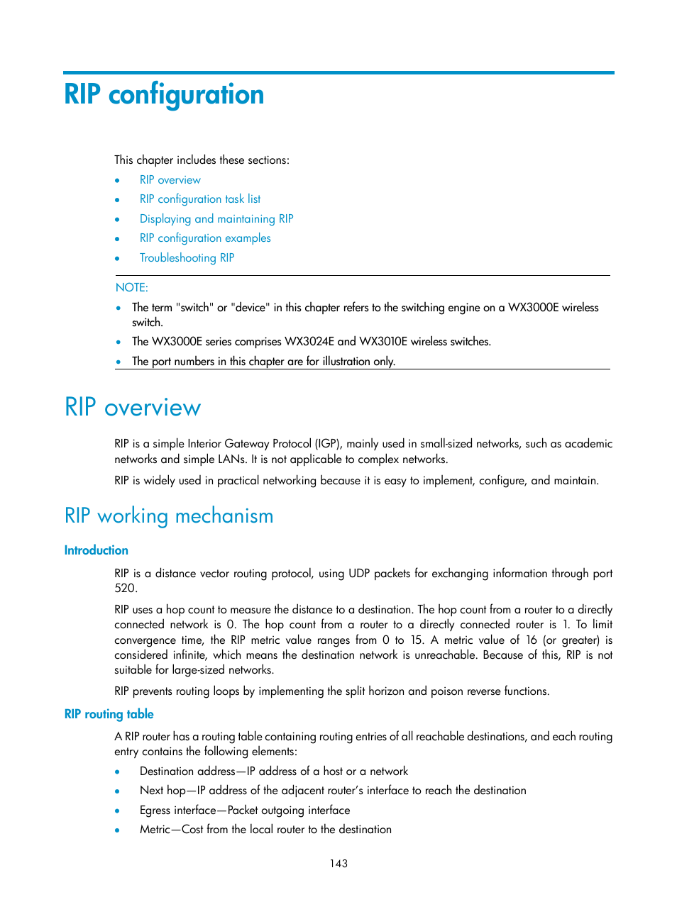 Rip configuration, Rip overview, Rip working mechanism | Introduction, Rip routing table | H3C Technologies H3C WX3000E Series Wireless Switches User Manual | Page 154 / 191