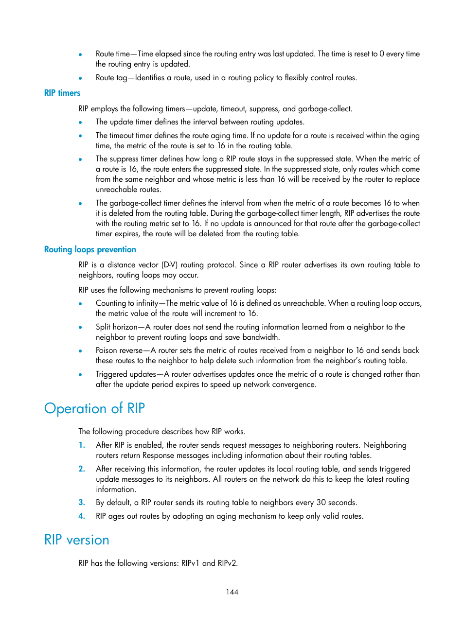 Rip timers, Routing loops prevention, Operation of rip | Rip version | H3C Technologies H3C WX3000E Series Wireless Switches User Manual | Page 155 / 191